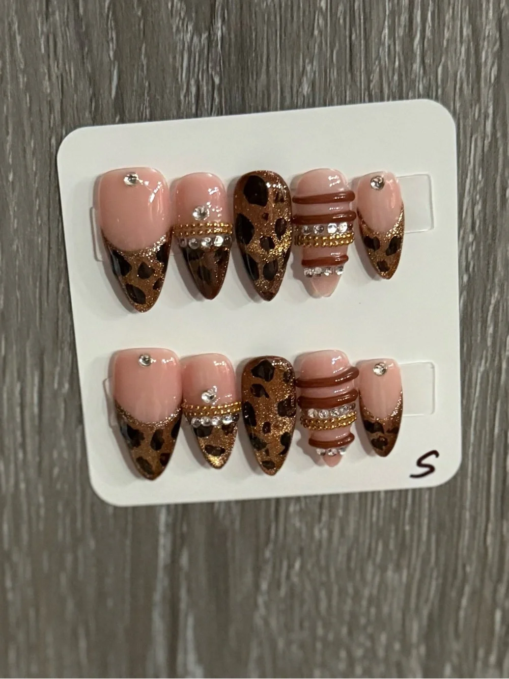 Leopard Accent Press-On Nails in Nude & Brown with Rhinestones